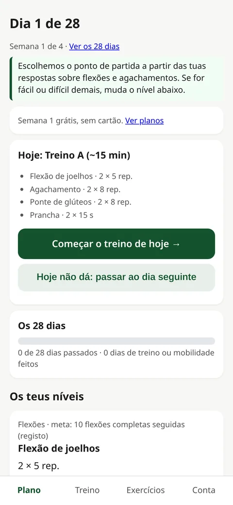 Captura do protótipo da app: ecrã do Dia 1 de 28, com o treino de hoje (cerca de 15 minutos) e os níveis de cada exercício.
