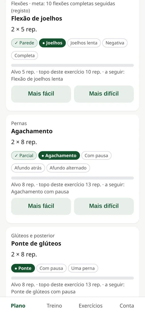 Ecrã da app Mexida com o nível de cada exercício: a flexão de joelhos está marcada, depois da flexão na parede.