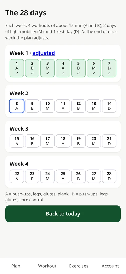 Screenshot of the app prototype: the 28-day view, in 4 weeks of A and B workouts, mobility and rest days.