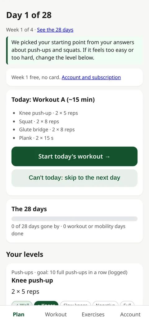 Screenshot of the app prototype: the Day 1 of 28 screen, with today's workout (about 15 minutes) and the level of each exercise.