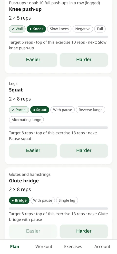Screenshot of the app in development: the levels of each exercise (for example, push-ups from the wall to the full push-up), with Easier and Harder buttons.