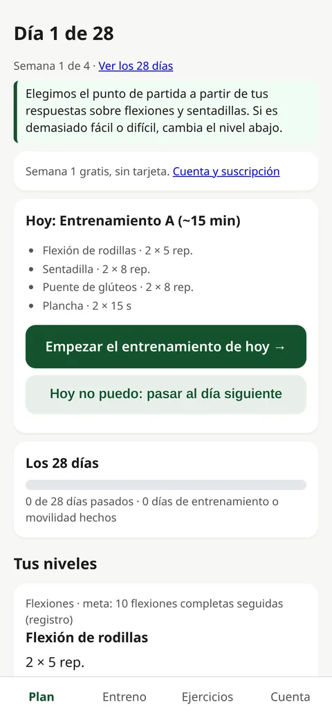 Captura del prototipo de la app: la pantalla del Día 1 de 28, con el entrenamiento de hoy (unos 15 minutos) y el nivel de cada ejercicio.