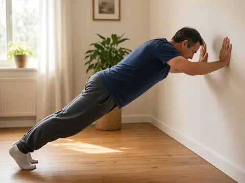 AI-generated image: a man does wall push-ups.