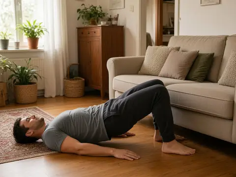 AI-generated image: a man does a glute bridge on the living-room floor.