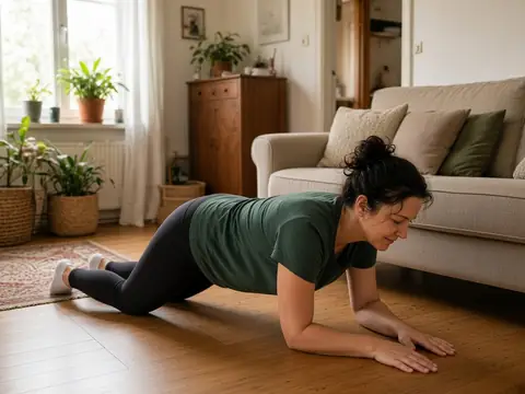 AI-generated image: a woman holds a forearm plank with her knees on the floor.