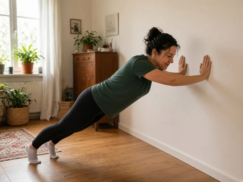 AI-generated image: a woman does wall push-ups in her living room.