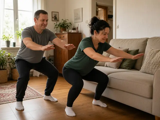 AI-generated image: a man and a woman do half squats in their living room.