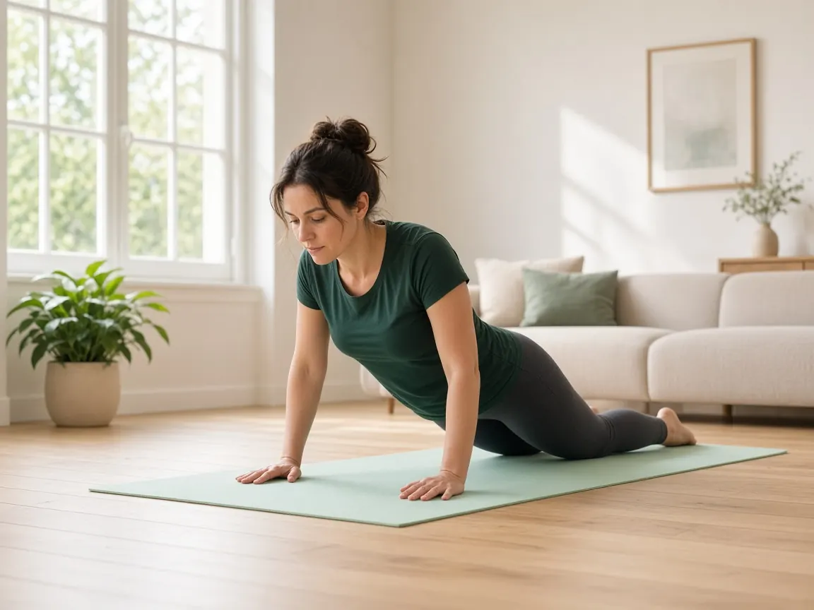 A woman does knee push-ups on a mat in her living room.